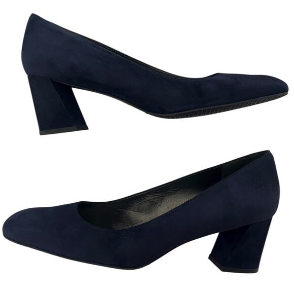 Stuart Weitzman Marymid Navy Blue Suede Block Heel Square Toe Pumps Size 12 - Picture 8 of 9